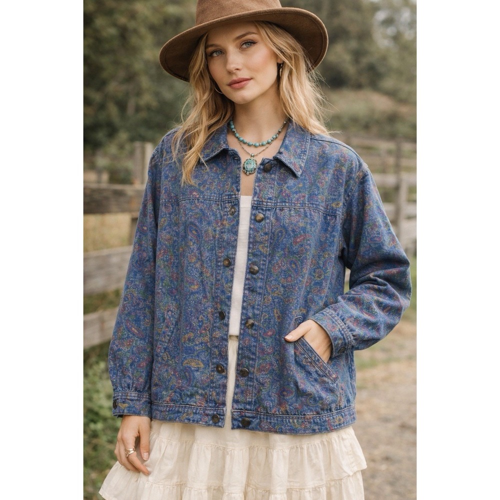 Vintage 90s Paisley Denim Jacket Womens 12 Blue‎ Floral Boho Western Casual